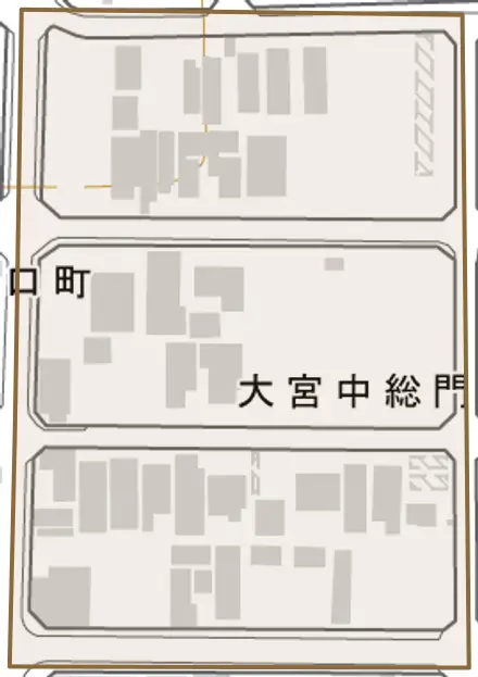 大宮中総門口町とその周辺の地図。町の範囲を重ねている