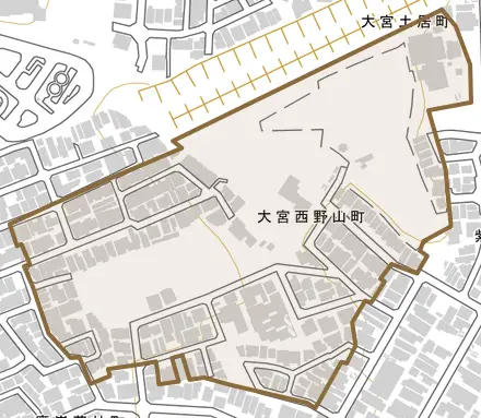 大宮西野山町とその周辺の地図。町の範囲を重ねている