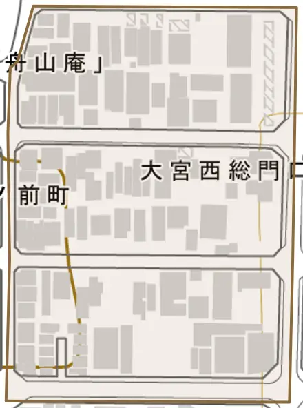大宮西総門口町とその周辺の地図。町の範囲を重ねている