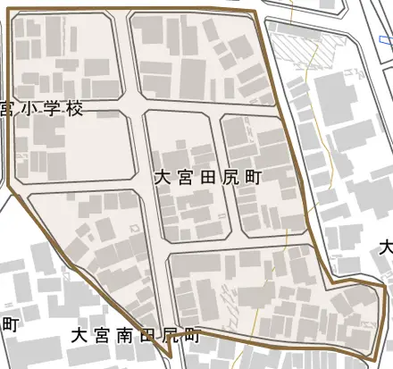 大宮田尻町とその周辺の地図。町の範囲を重ねている