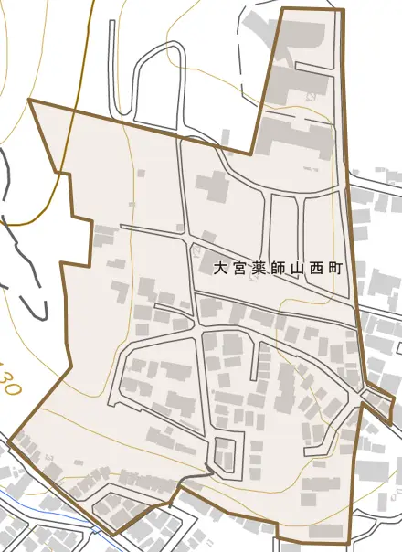大宮薬師山西町とその周辺の地図。町の範囲を重ねている