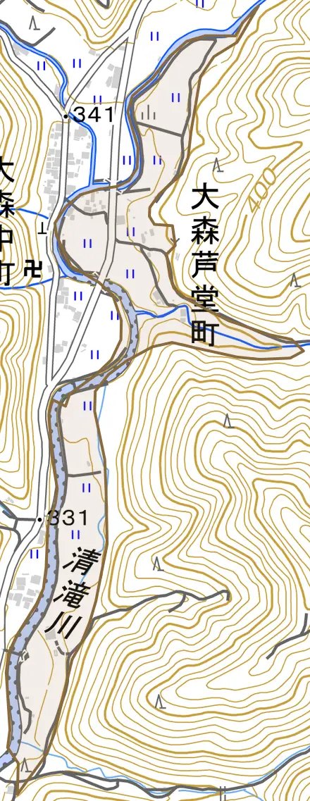 大森芦堂町とその周辺の地図。町の範囲を重ねている