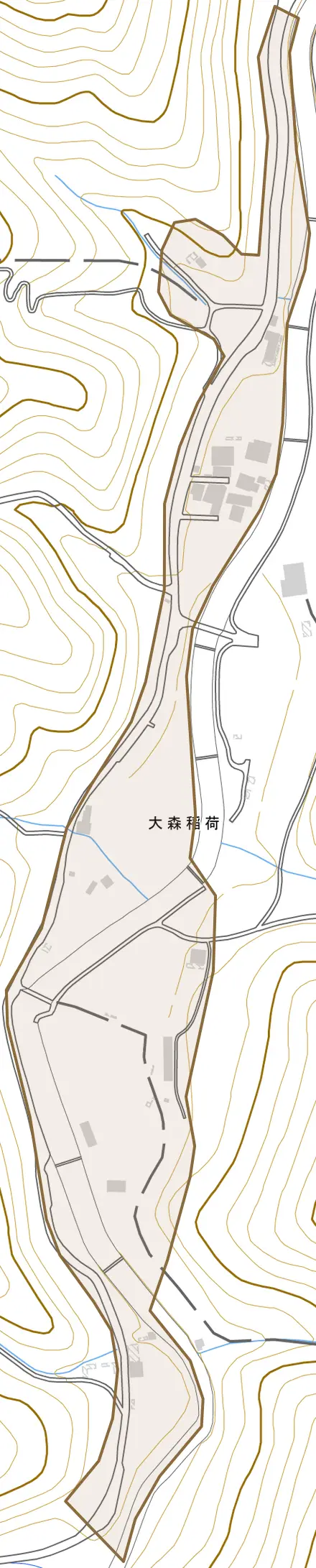 大森稲荷とその周辺の地図。町の範囲を重ねている