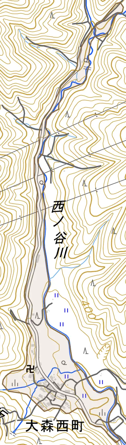 大森西町とその周辺の地図。町の範囲を重ねている