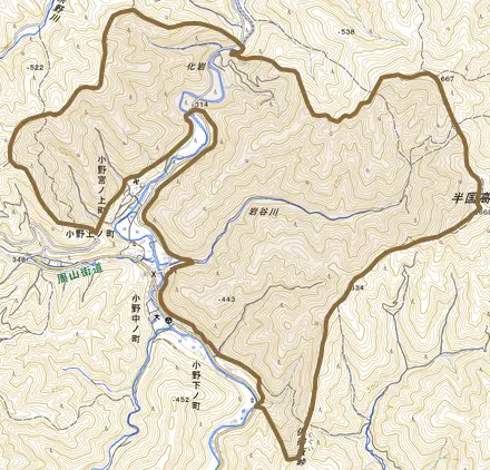 小野岩戸とその周辺の地図。町の範囲を重ねている