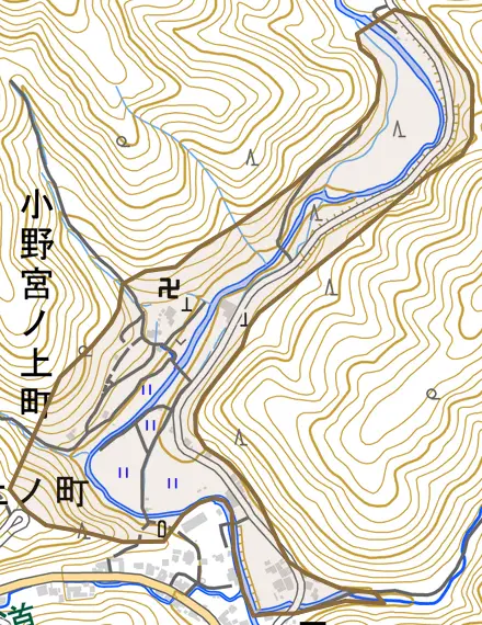 小野宮ノ上町とその周辺の地図。町の範囲を重ねている