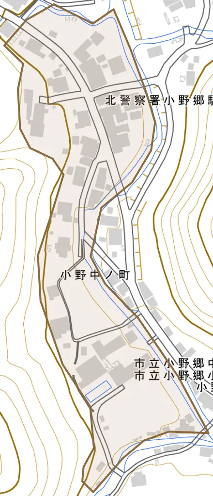 小野中ノ町とその周辺の地図。町の範囲を重ねている