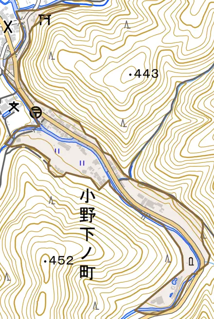 小野下ノ町とその周辺の地図。町の範囲を重ねている
