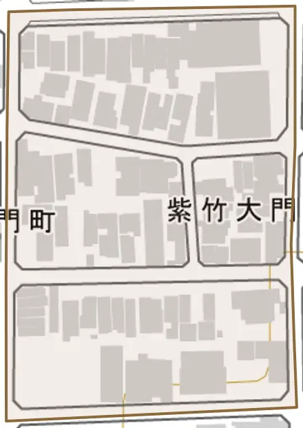 紫竹大門町とその周辺の地図。町の範囲を重ねている