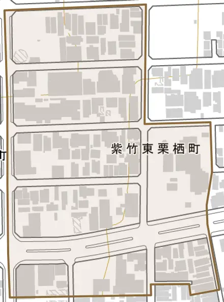 紫竹東栗栖町とその周辺の地図。町の範囲を重ねている