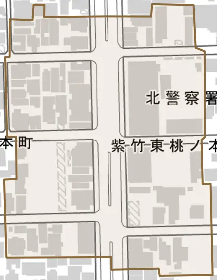紫竹東桃ノ本町とその周辺の地図。町の範囲を重ねている