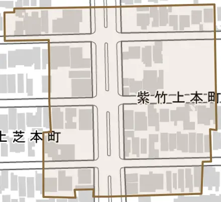 紫竹上本町とその周辺の地図。町の範囲を重ねている