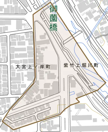 紫竹上堀川町とその周辺の地図。町の範囲を重ねている