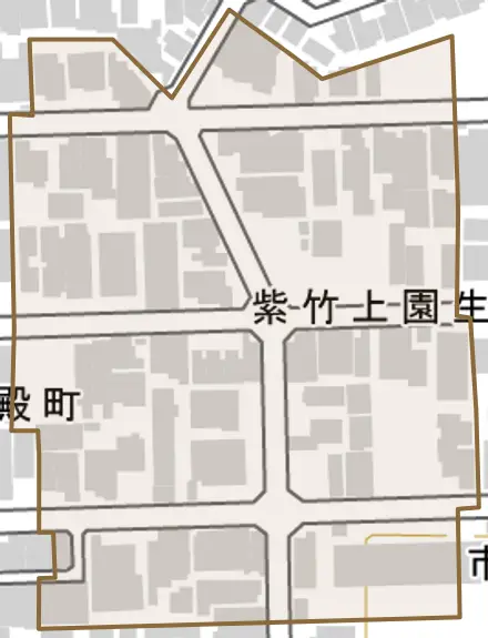 紫竹上園生町とその周辺の地図。町の範囲を重ねている