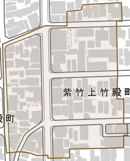紫竹上竹殿町とその周辺の地図。町の範囲を重ねている
