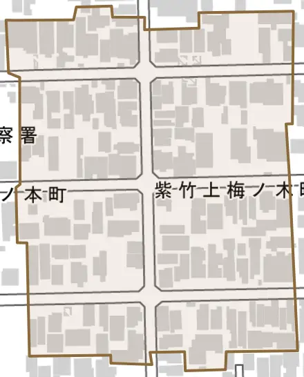 紫竹上梅ノ木町とその周辺の地図。町の範囲を重ねている