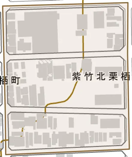 紫竹北栗栖町とその周辺の地図。町の範囲を重ねている