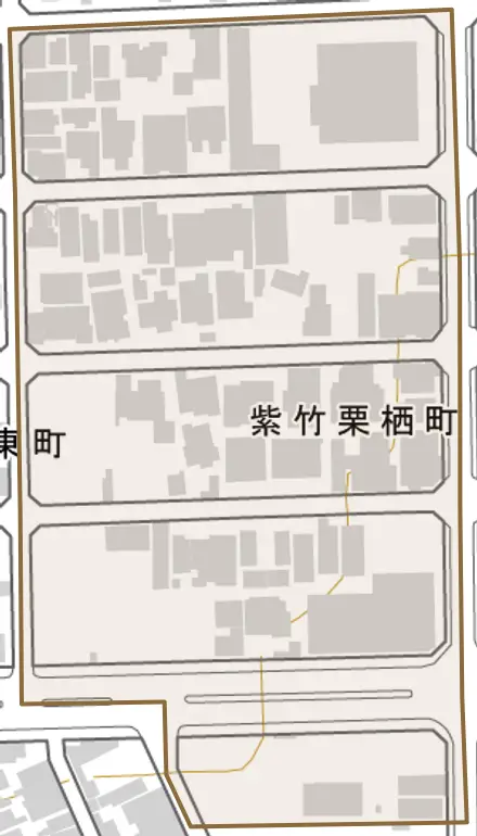 紫竹栗栖町とその周辺の地図。町の範囲を重ねている