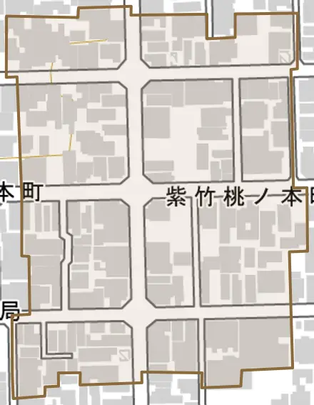 紫竹桃ノ本町とその周辺の地図。町の範囲を重ねている