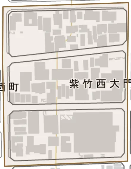 紫竹西大門町とその周辺の地図。町の範囲を重ねている