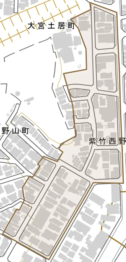 紫竹西野山町とその周辺の地図。町の範囲を重ねている