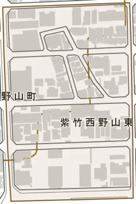 紫竹西野山東町とその周辺の地図。町の範囲を重ねている