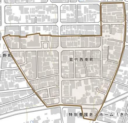 紫竹西南町とその周辺の地図。町の範囲を重ねている