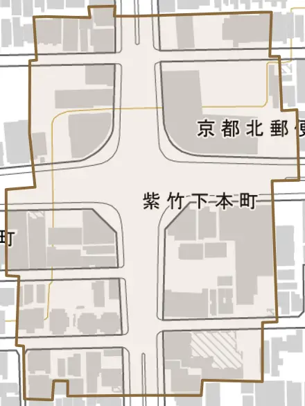 紫竹下本町とその周辺の地図。町の範囲を重ねている