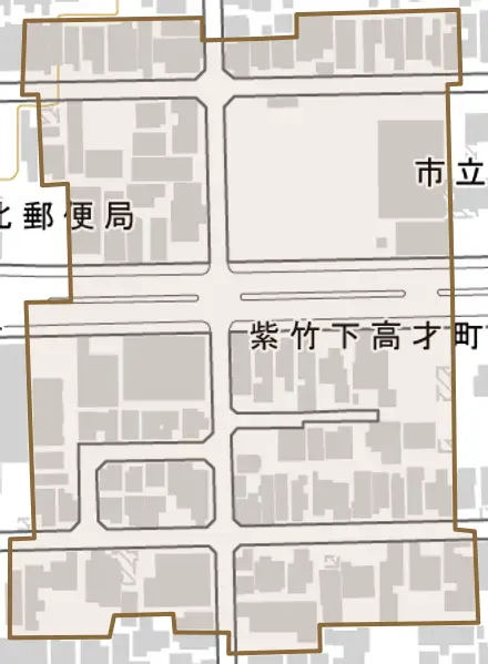 紫竹下高才町とその周辺の地図。町の範囲を重ねている