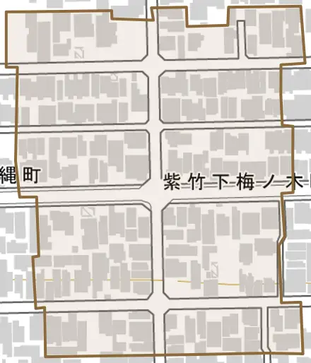 紫竹下梅ノ木町とその周辺の地図。町の範囲を重ねている