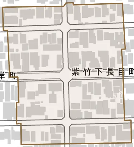 紫竹下長目町とその周辺の地図。町の範囲を重ねている