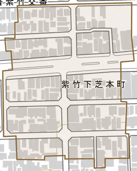 紫竹下芝本町とその周辺の地図。町の範囲を重ねている