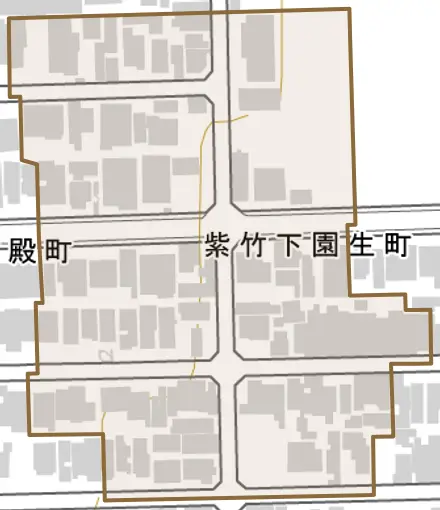 紫竹下園生町とその周辺の地図。町の範囲を重ねている