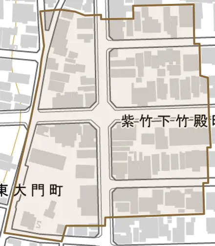 紫竹下竹殿町とその周辺の地図。町の範囲を重ねている