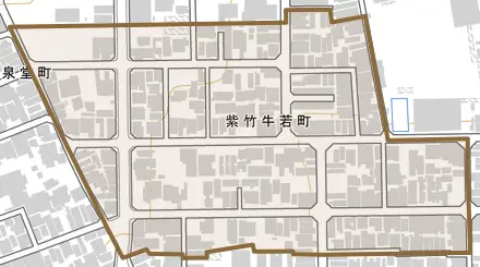 紫竹牛若町とその周辺の地図。町の範囲を重ねている