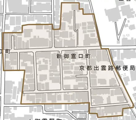 新御霊口町とその周辺の地図。町の範囲を重ねている