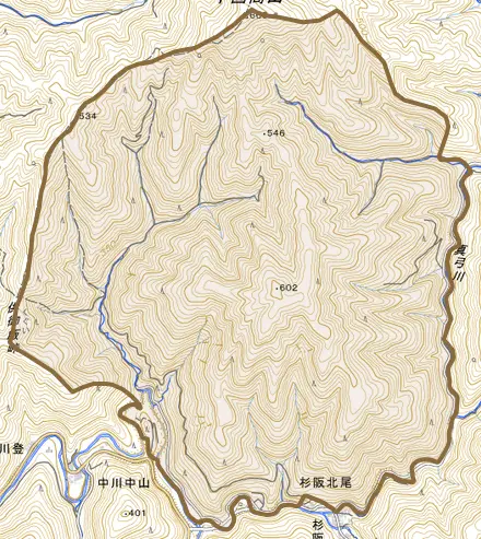 杉阪北尾とその周辺の地図。町の範囲を重ねている