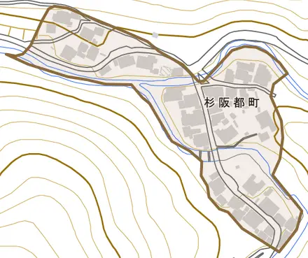 杉阪都町とその周辺の地図。町の範囲を重ねている