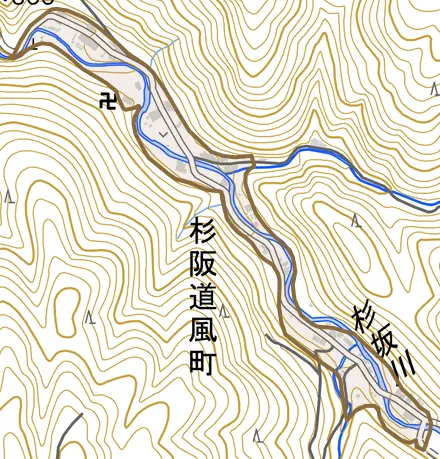 杉阪道風町とその周辺の地図。町の範囲を重ねている
