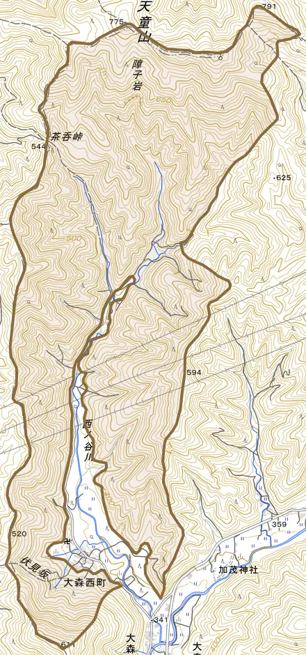 大森牛ケ滝とその周辺の地図。町の範囲を重ねている