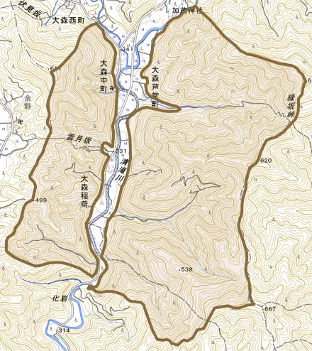 大森中山とその周辺の地図。町の範囲を重ねている