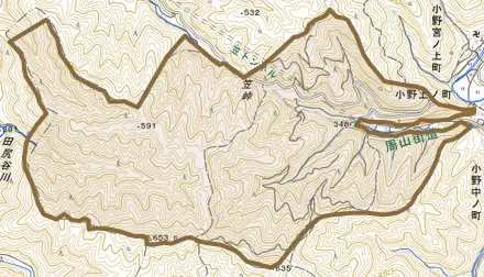 小野笠谷とその周辺の地図。町の範囲を重ねている