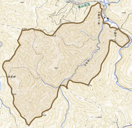 小野水谷とその周辺の地図。町の範囲を重ねている