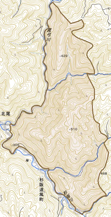 杉阪東谷とその周辺の地図。町の範囲を重ねている