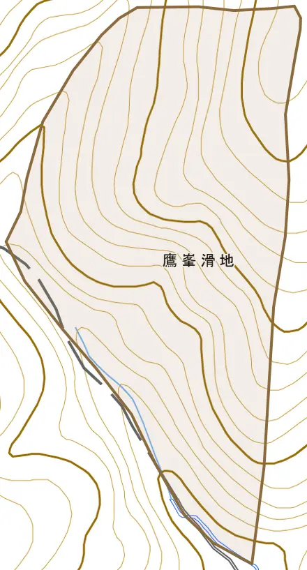 鷹峯滑地とその周辺の地図。町の範囲を重ねている
