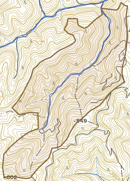 中川西ノ谷とその周辺の地図。町の範囲を重ねている