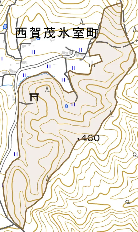 西賀茂宮山とその周辺の地図。町の範囲を重ねている