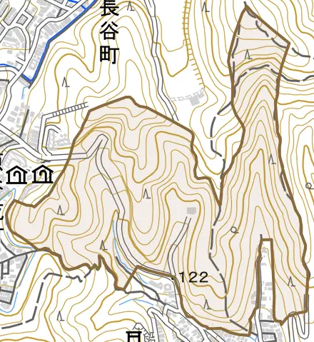 大北山蓮ケ谷町とその周辺の地図。町の範囲を重ねている