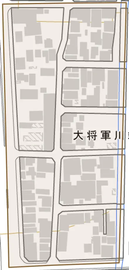 大将軍川端町とその周辺の地図。町の範囲を重ねている