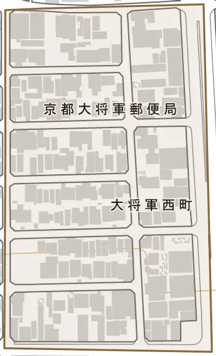 大将軍西町とその周辺の地図。町の範囲を重ねている